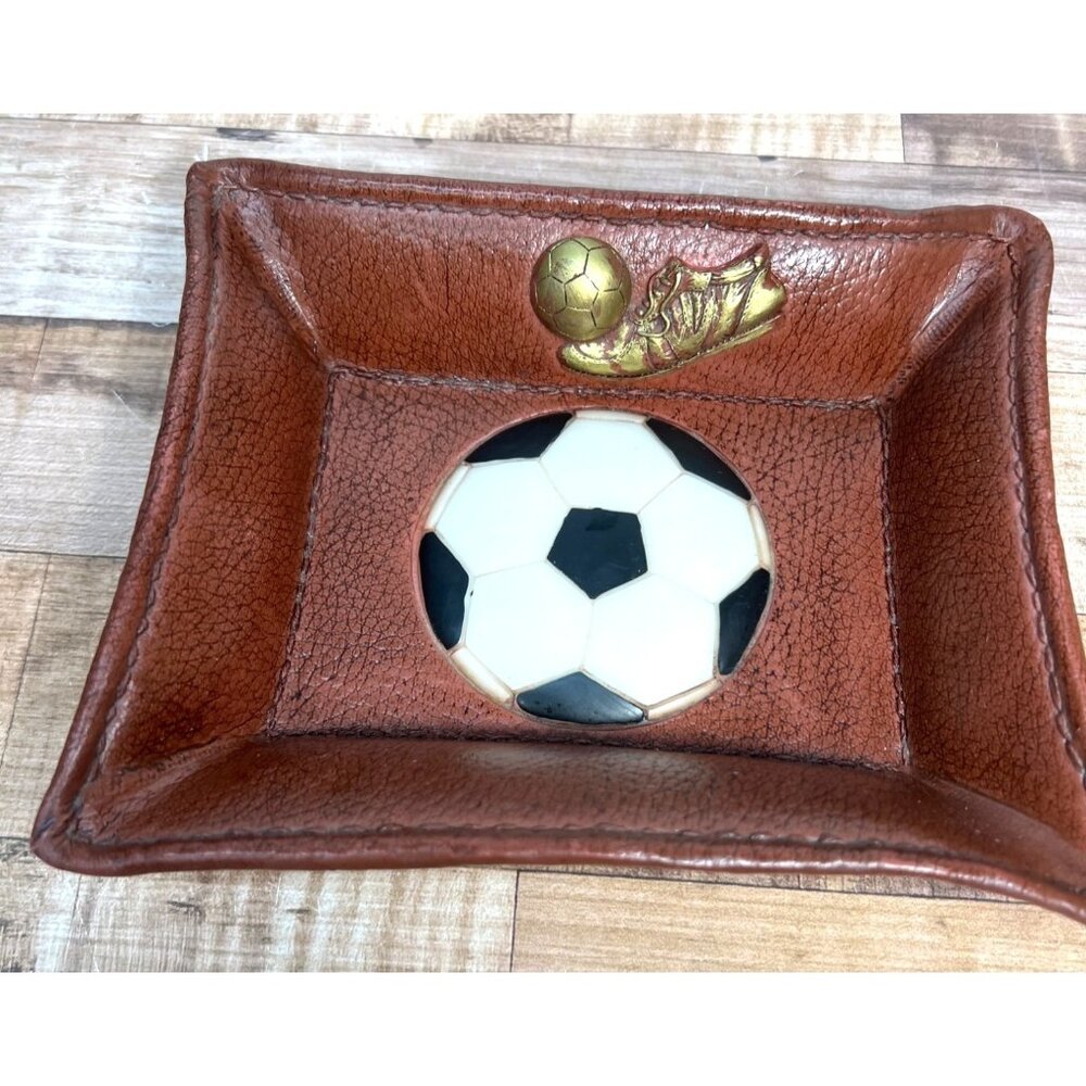 Leather Look Soccer Design Trinket Tray With Gold Accents